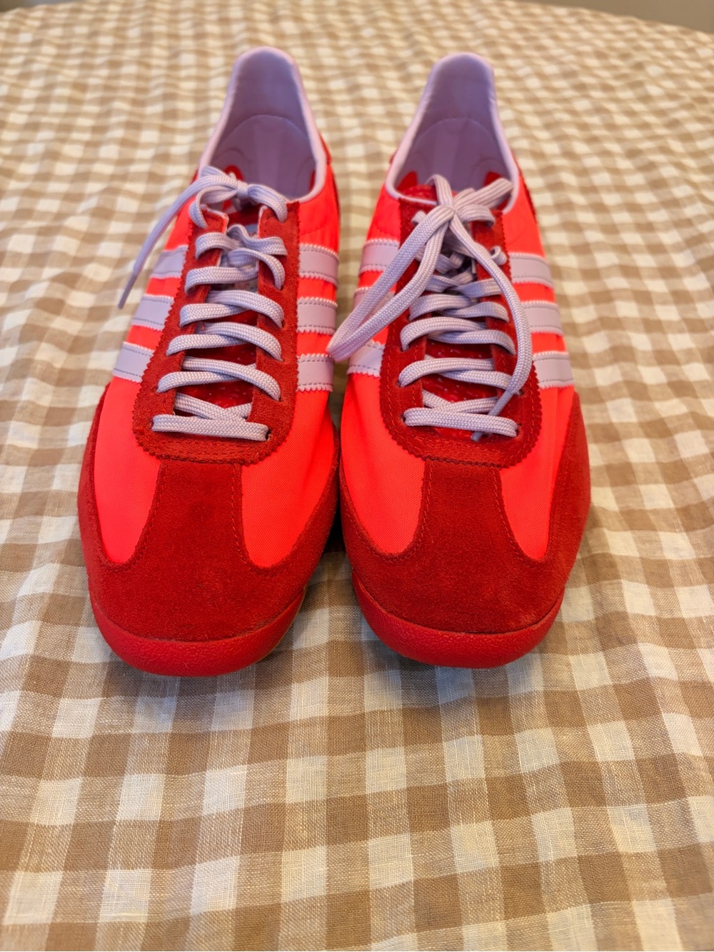 adidas Red Sneakers with Pink Stripes